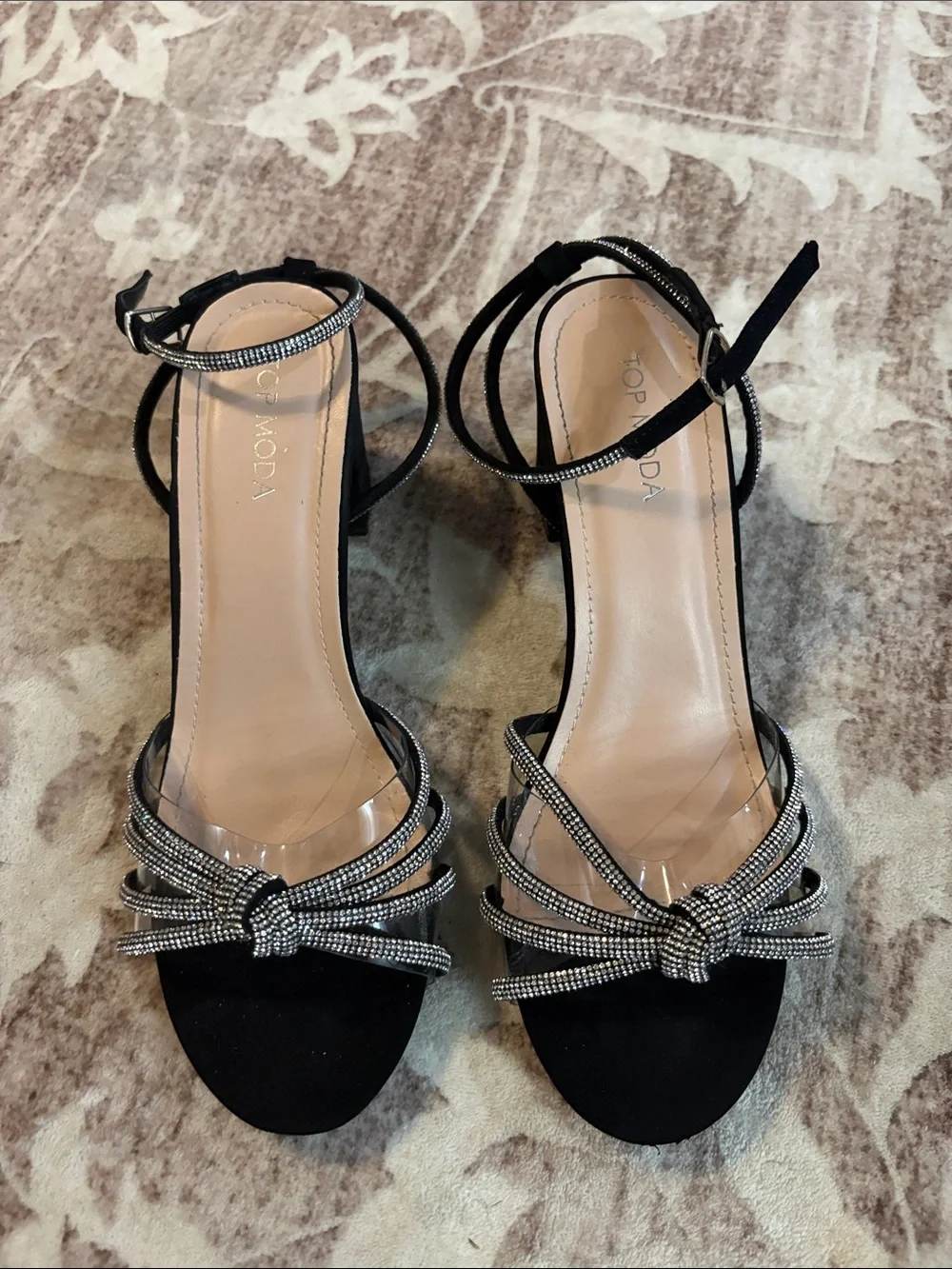 TOP Moda Black Rhinestone Knot Ankle-Strap Heels